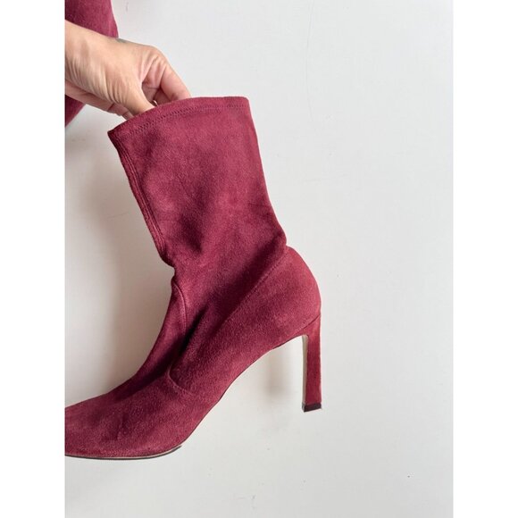 STUART WEITZMAN Rapture 75mm Maroon Suede Sock Bootie Ankle Boots, Size 10 - Picture 6 of 15
